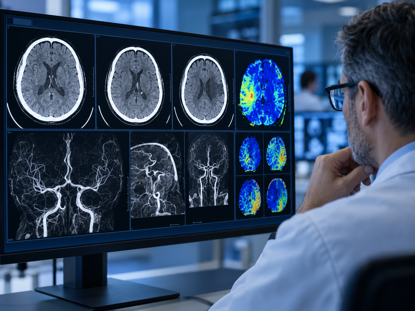 Clinician reviewing AI-assisted brain scans